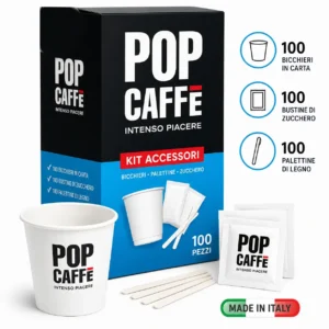 Kit 100 Accessori per Degustazione Palette di betulla, bicchierini di carta e zucchero Pop Caffè – Sostenibile e Completo
