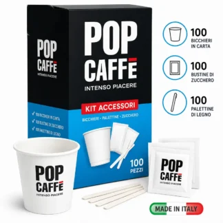 Kit 100 Accessori per Degustazione Palette di betulla, bicchierini di carta e zucchero Pop Caffè – Sostenibile e Completo